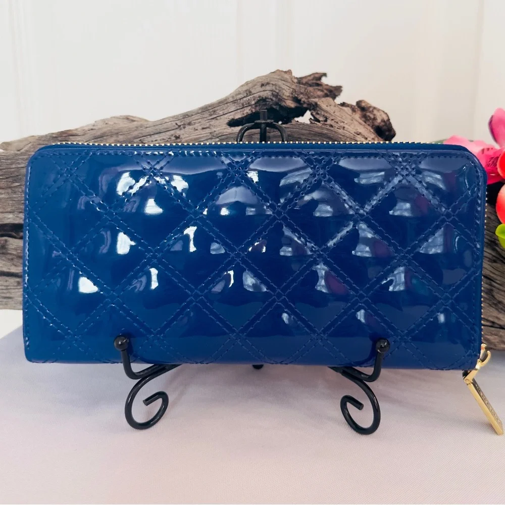 ANNE KLEIN ~ Long Blue Patent Quilted Puffer Leather Wallet w/Gold Hardware